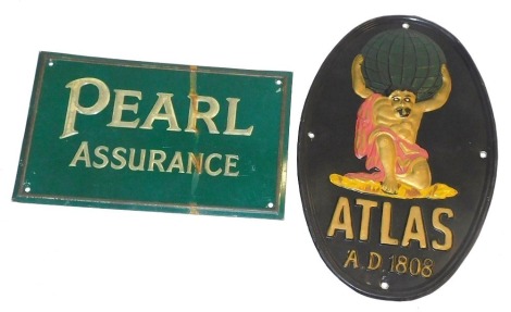 Two fire marks for Atlas and Pearl Assurance, both tin, the Atlas (Addis Ref 50B(ii)), and the Pearl Assurance (Addis Ref 113B).