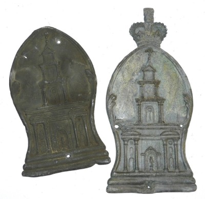 Two Royal Exchange fire marks, both lead, one lacking crown, (Addis Ref 10E).