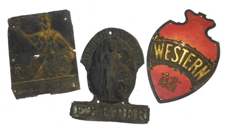 Three fire marks, for West of England (Exeter), copper, (Addis Ref (48C), County, copper, (Addis Ref 45B), and Western, tin.