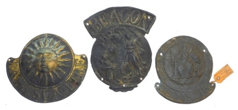 Three fire marks, for Beacon, (Addis Ref 56B), Bath Sun-Fire, (Addis Ref 16B), and Hants Sussex and Dorset Security, (Addis Ref 39B), all copper.