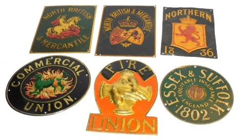 A collection of late British fire marks, including North British & Mercantile, (Addis References 108P(ii) and 108P(iii)), Northern (Addis Ref 90A(v)), Commercial Union (Addis Ref 105A(ii)), Union (Addis Ref 4E(i)), Essex & Suffolk (Addis Ref 35A).