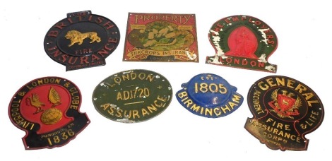 Various late fire marks, including Birmingham (Addis Ref 42C), The British Fire Insurance (Addis Ref 30E(i)), London Assurance (Addis Ref 91), The Employers' Liability Assurance (Addis Ref 133A), Liverpool London & Globe (Addis Ref 112E), and General Acci