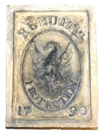 A late 18thC Coade Phoenix Rebuilt Protection reconstituted stone property mark, inscribed Coade I Ambetti 1790, 31.5cm x 23cm, 6cm deep. 