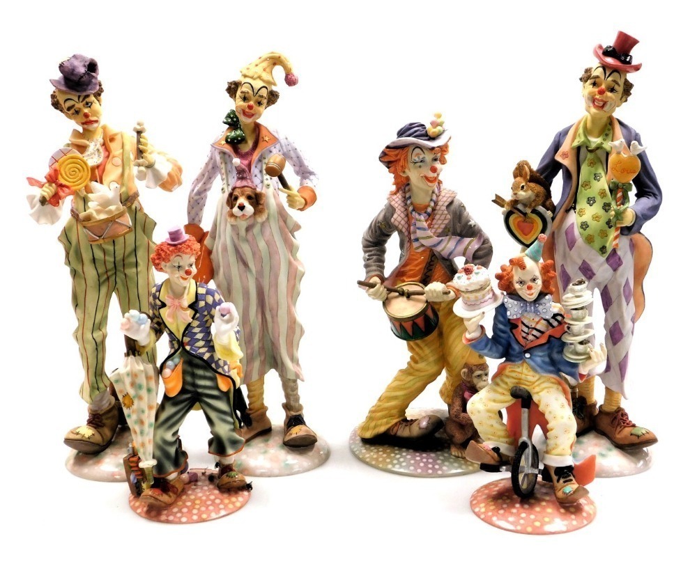 Six Leonardo Collection clown figures, comprising four Circus