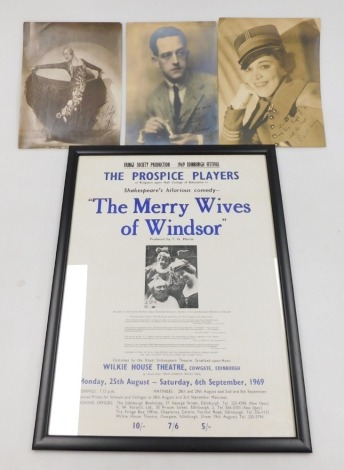 An Edinburgh Fringe Society Production 1969 Festival poster, for The Probice Players, in an adaptation of The Merry Wives of Windsor, Wilkey House Theatre, 50cm x 36.5cm, and three early 20thC autographed prints, including Edith Day. (4)