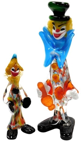 A Murano glass figure of a clown, with a turquoise bow tie and holding a bottle of wine, 42cm high, and a further figure of a clown, with a pair of cymbals, 26cm high. (2)