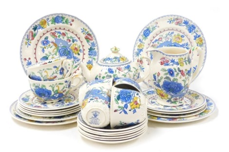 A Mason's Ironstone Regency pattern tea service, comprising teapot, milk jug, tea cups, six saucers and tea plates, six further plates and two breakfast cups. (a quantity)