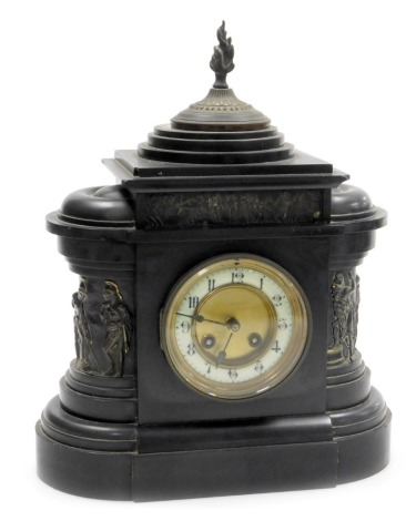 A 19thC French slate mantel clock, the brass dial with enamel chapter ring bearing Arabic numerals, eight day movement with coil strike, by Japy Freres & Cie, the case of architectural form, with brass frieze panels of classical figures, pendulum, no key,