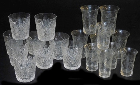 A set of nine Waterford Dunmore pattern crystal whisky glasses, and an early 20thC part suite of table glasses. (a quantity)