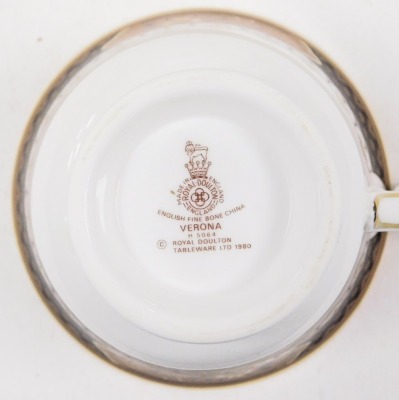 A Royal Doulton porcelain Verona pattern part dinner and tea service, comprising a pair of vegetable tureens and covers, meat platter, sauce boat on stand, ten dinner and dessert plates, eight soup plates, nine side plates, four fruit bowls, teapot, bread - 2