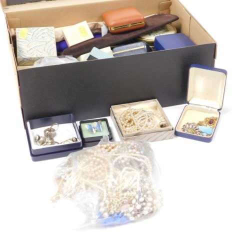 Silver and costume jewellery, including cross pendants, simulated pearls, gold plated neck chains, Charles Horner silver and enamel pendant, brooches, rings, etc. (a quantity)