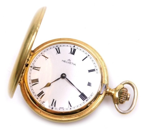 An early 20thC Helvetia gold plated gentleman's Hunter pocket watch, keyless wind, enamel dial bearing Roman numerals, Swiss jewelled movement, in a plain case.