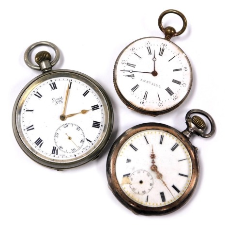 A Limit No 2 gentleman's silver plated pocket watch, open faced, keyless wind together with a Galonne pocket watch, open faced, keyless wind, white and gilt metal, stamped 800, and a late 19thC French novelty purse, modelled as a pocket watch, with a dial