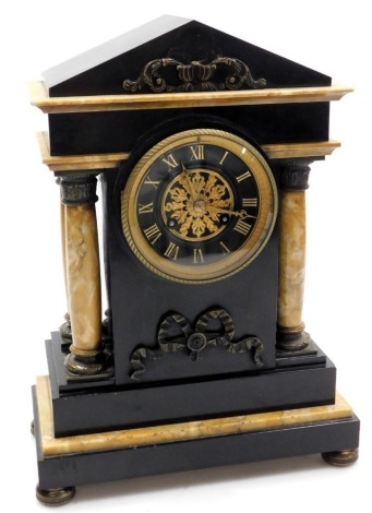 A late 19thC French slate and marble ting tang clock, circular brass dial with black chapter ring bearing Roman numerals, Japy Freres & Cie eight day movement with twin hammer coil strike, the case of architectural form, with four brass capped pillars, ra