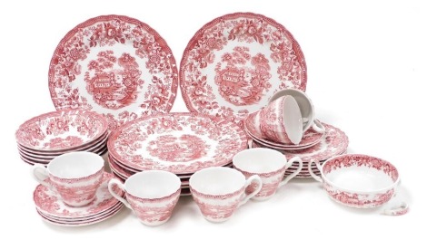 A Franciscan pottery Tronquin pattern part dinner and tea service, printed in red and white, comprising six dinner plates and fruit bowls, soup cup, bread plate, six tea cups, saucers and plates.