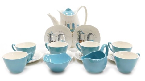 A Midwinter Stylecraft pottery Cannes pottery part coffee service, designed by Hugh Cason, printed marks, comprising coffee pot, cream jug, sugar bowl, six cups and saucers.