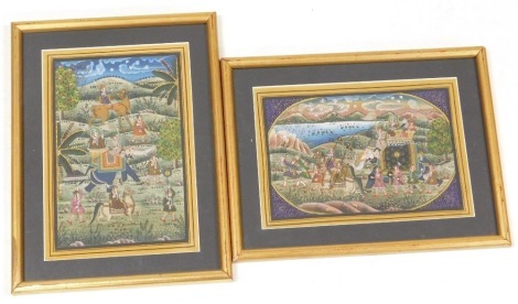 Indian School (19thC). Maharaja and attendants in a landscape, watercolour, 16cm x 23cm, and a further picture of a Maharaja, further figures, some mounted on horses and camels, in a landscape, watercolour, 24cm x 16.5cm. (2)