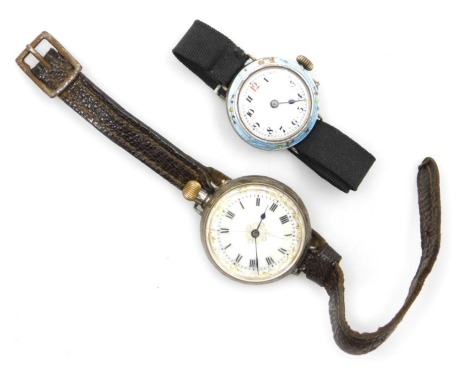 An early 20thC silver cased wristwatch, with a pocket watch winder, circular enamel dial bearing Roman numerals, the case with floral engraving, vacant shield reserve, on a leather strap, and a lady's silver and turquoise guilloche enamel wristwatch, circ