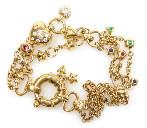 A David Morris 18ct gold diamond and gem set charm bracelet, with various charms as fitted, on a bolt ring clasp, 25.1g. (AF)