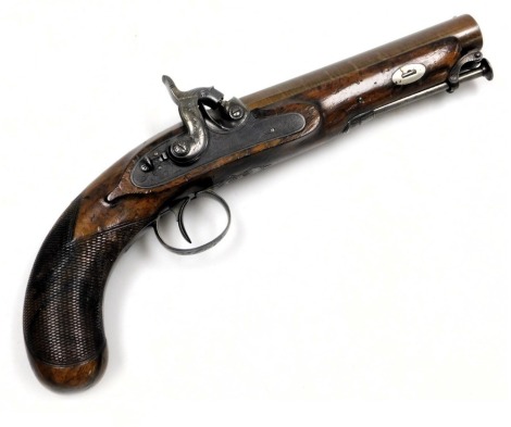 A Victorian percussion pistol, no. 2, with walnut stock, the pan engraved W Parker, barrel further engraved W Parker Holborn Police Officer Lambeth, 28cm long.