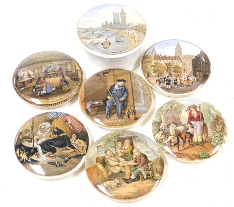 Seven Pratt ware pot lids, including On Guard, A Fix, and Thames Embankment.