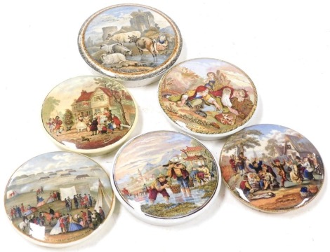 Six 19thC Pratt ware pot lids, including Transplanting Rice, I See You My Boy, Rifle Contest Wimbledon 1864 and The Village Wedding.