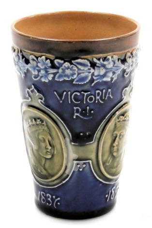 A Doulton Lambeth stoneware Queen Victoria Diamond Jubilee commemorative beaker, impress and incise marks, 12.5cm high.