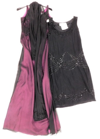 Two Emma Somerset black and purple evening dresses, with beaded detailing, size 10, bears labels.