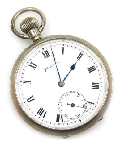 A Helvetia gentleman's silver cased pocket watch, open faced, key wind, circular enamel dial bearing Roman numerals, subsidiary seconds dial, 15 jewelled movement, the case with engine turned decoration, garter and vacant shield reserve.