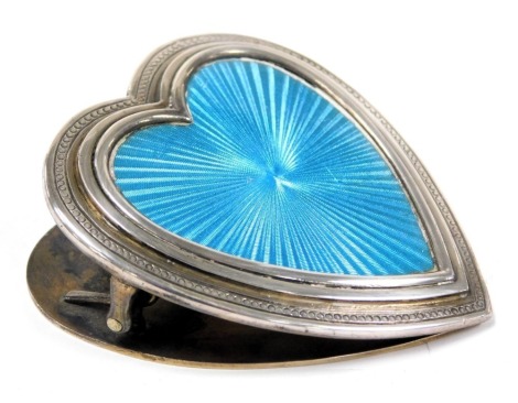 An early 20thC silver and turquoise guilloche enamel heart shaped paper clip, monogram engraved, import marks, Desire Pennellir, London 1909, 3.25oz.