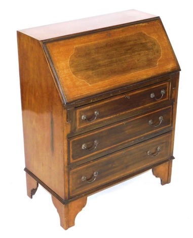 An Edwardian mahogany and inlaid bureau, the fall flap opening to reveal six recesses and two drawers, above three long graduated drawers, raised on bracket feet, 97cm high, 76cm wide, 41cm deep.