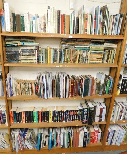 Books, novels by Peter James, Kerry Wilkinson, other to include Gideon's Force, Gideon's Fire, Gideon's Risk, John Creasey The Love of Baron, etc. (5 shelves)