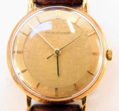 A Jaeger Le Coultre gentleman's 9ct gold cased wristwatch, the gold coloured circular dial bearing baton pointers, back case numbered 0547, on Darlena brown leather strap, case diameter 3.2cm. - 2