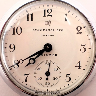 An Ingersol Triumph pocket watch, four plated and stainless steel pencil cases, a silver shield fob depicting Bulldog, and a silver curb link watch chain, 36cm long, 58.6g all in. - 2