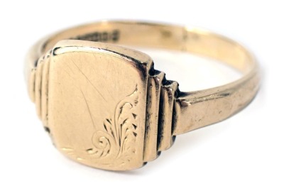 A 9ct gold signet ring, the rectangular ring head with scroll cornered design and shaped Art Deco style shoulders, ring size Y½, 5.5g all in, boxed.