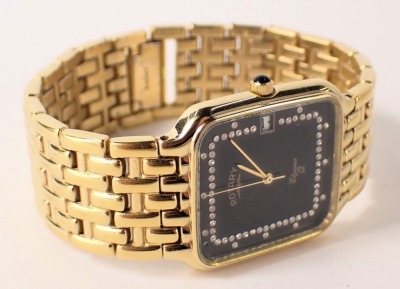 A Rotary Elegance wristwatch, with a black square set face set with crystals, with a date aperture, in gold coloured strap with stainless steel back, boxed. - 4