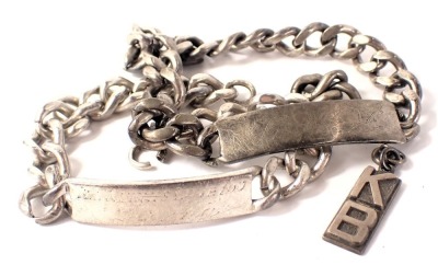 Two identity bracelets, comprising one inscribed I'll Always Love You, white metal stamped 925, and another inscribed KHB unmarked, and a KB pendant drop, 120.8g all in. (AF) (3)