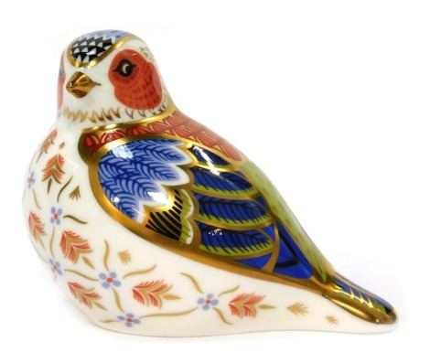 A Royal Crown Derby porcelain paperweight modelled as Chelford Chaffinch, gold stopper and red printed marks, 7cm high, boxed.