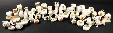 A collection of various crested china ornaments, to include Grafton, W H Goss, Arcadian, Alexandra, etc., mainly animals, bathing machines, and ancient pots, etc. (50)