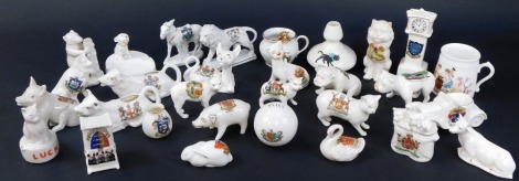 A collection of various crested china ornaments, to include Florentine China, Grafton, and others. Mainly animals, Ipswich Football, and others. (30)