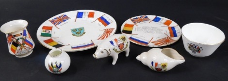 A small collection of crested china World War One Alliance interest, to include W H Goss 'To Cook A German' plate, etc. (7)