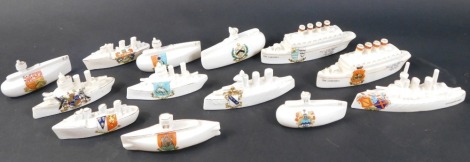 A collection of crested china World War One Period Battleships and Submarines, to include Carlton China Lusitania (x2), HMS Queen Elizabeth, etc. (13)