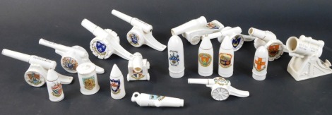 A collection of crested china World War One Artillery guns and cannons, and some armaments, to include Savoy China, British Trench mortar gun, Arcadian China, Caledonian China, etc. (18)