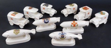 A collection of crested china World War One ambulances and airships, to include Shelley China Red Cross van, Willow Art Ambulance, Carmen China model of Super Zeppelin, etc. (10)