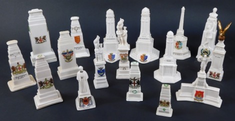 A collection of crested china War Memorials and Cenotaphs, to include Royal Air Force War Memorial, and others, including Alexandra China, Arcadian China, Willow Art China, etc. (17)