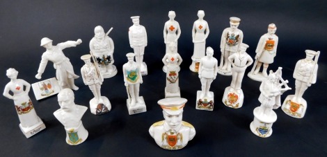 A collection of crested china World War One figures, to include a bust of Lord Kitchener, Nurse Cavell, and others. (17)