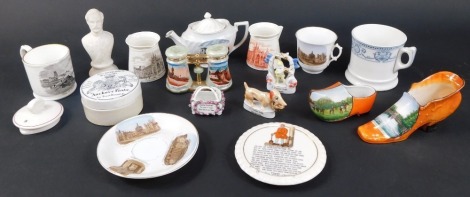 Various souvenir and other other ceramics, to include a Burgess's Anchovy Paste jar and cover, W H Goss teapot stand, teapot, binocular salt and pepper for Skegness, etc. (1 tray)