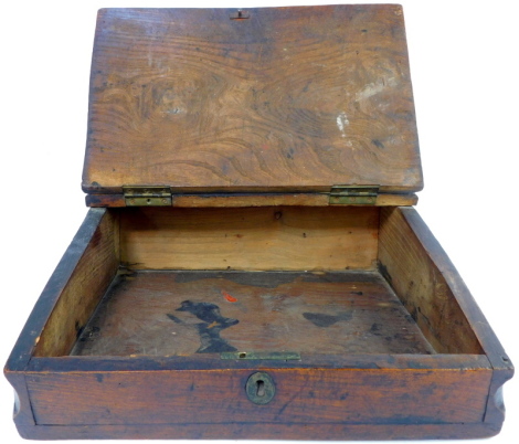 A Victorian elm writing slope, the hinged lid enclosing a vacant interior, 37cm wide.