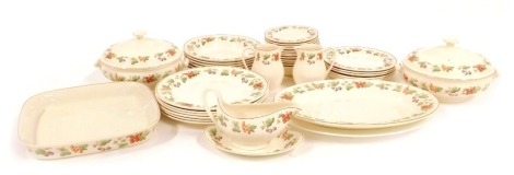 A Wedgwood Queens Ware pottery part dinner service, decorated in the Provence pattern, to include two tureens and covers, serving dishes, dinner plates, jugs, etc. (a quantity)