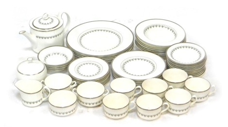 A Royal Worcester part tea and dinner service decorated, in the Silver Frost pattern, to include dessert bowls, soup plates, teapot, teacups and saucers, etc. (a quantity)